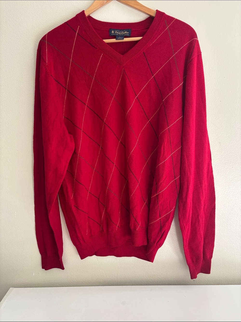 Brooks Brothers Red V-Neck Argyle-Trim Sweater